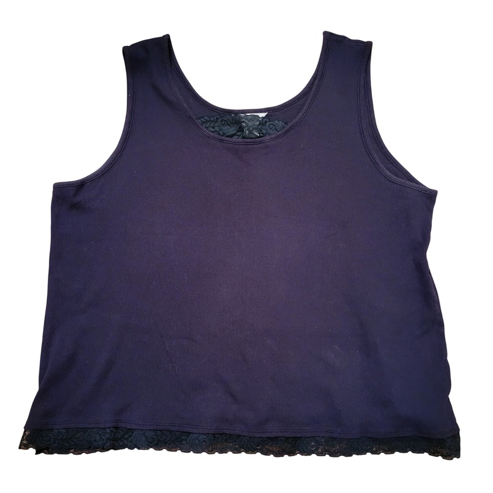 CJ Banks 2X Tank Top Black Ribbed Lace Trim Cotton Scoop Neck Y2K Layering Goth